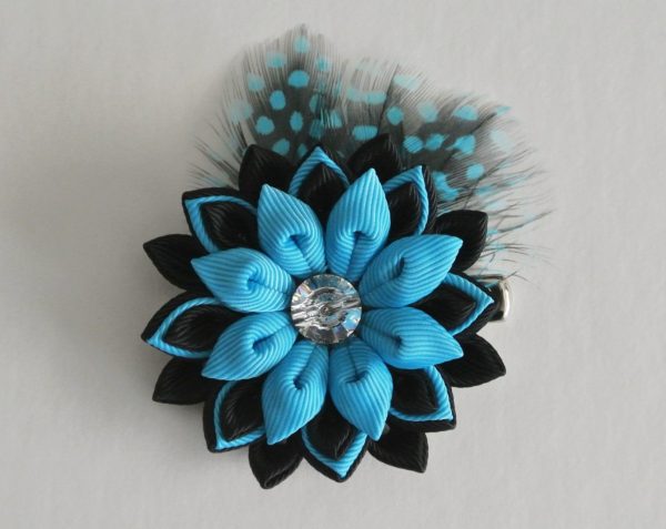 Aqua Blue Large Hair Clip with Speckled Feathers