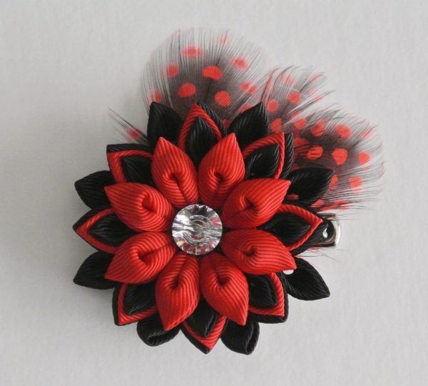 Ruby Red Large Hair Clip with Speckled Feathers