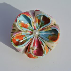 Blue Pink Floral Kanzashi Brooch