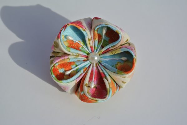 Blue Pink Floral Kanzashi Brooch